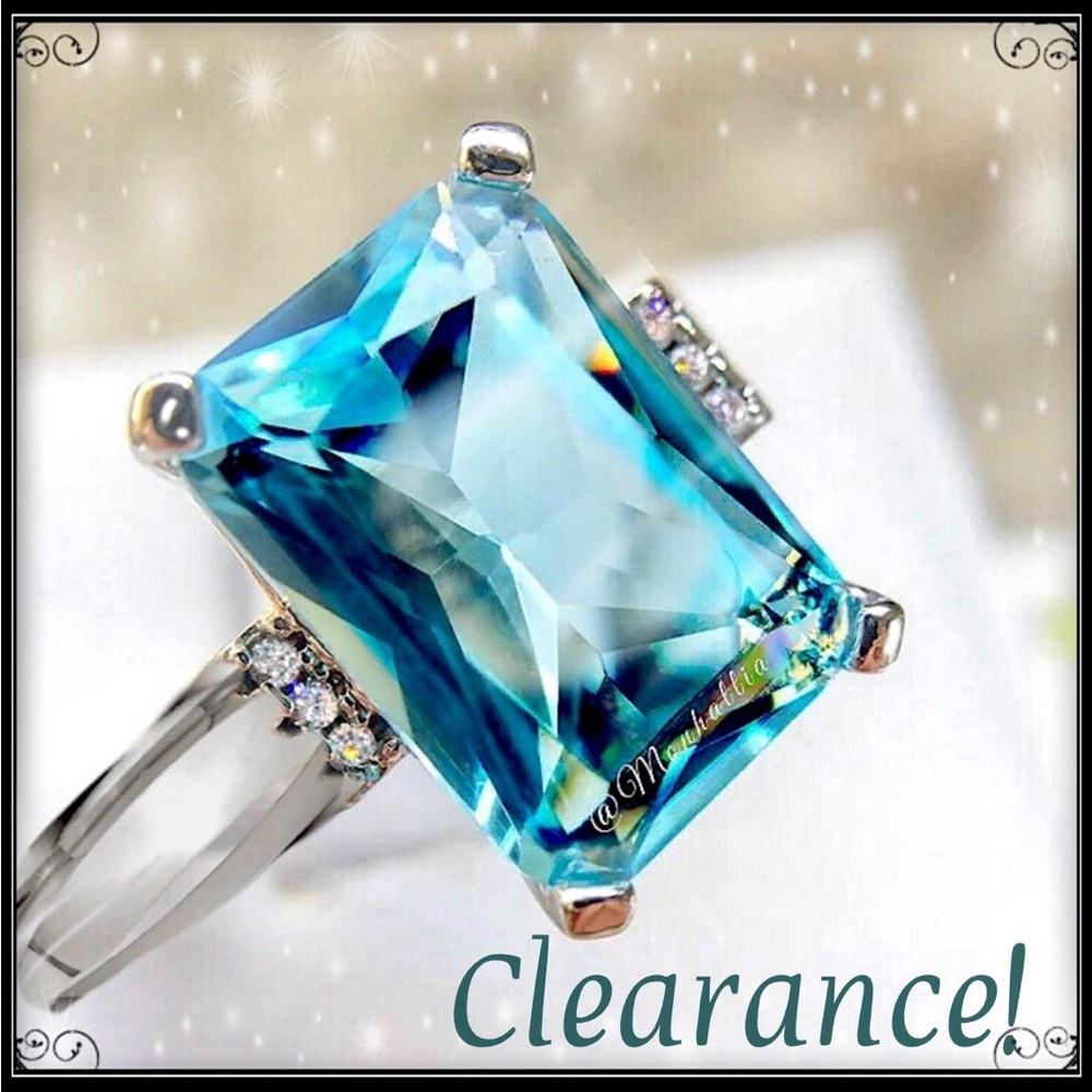 NEW BLUE TOPAZ EMERALD CUT SIMULATED DIAMOND SILVER AQUAMARINE RING